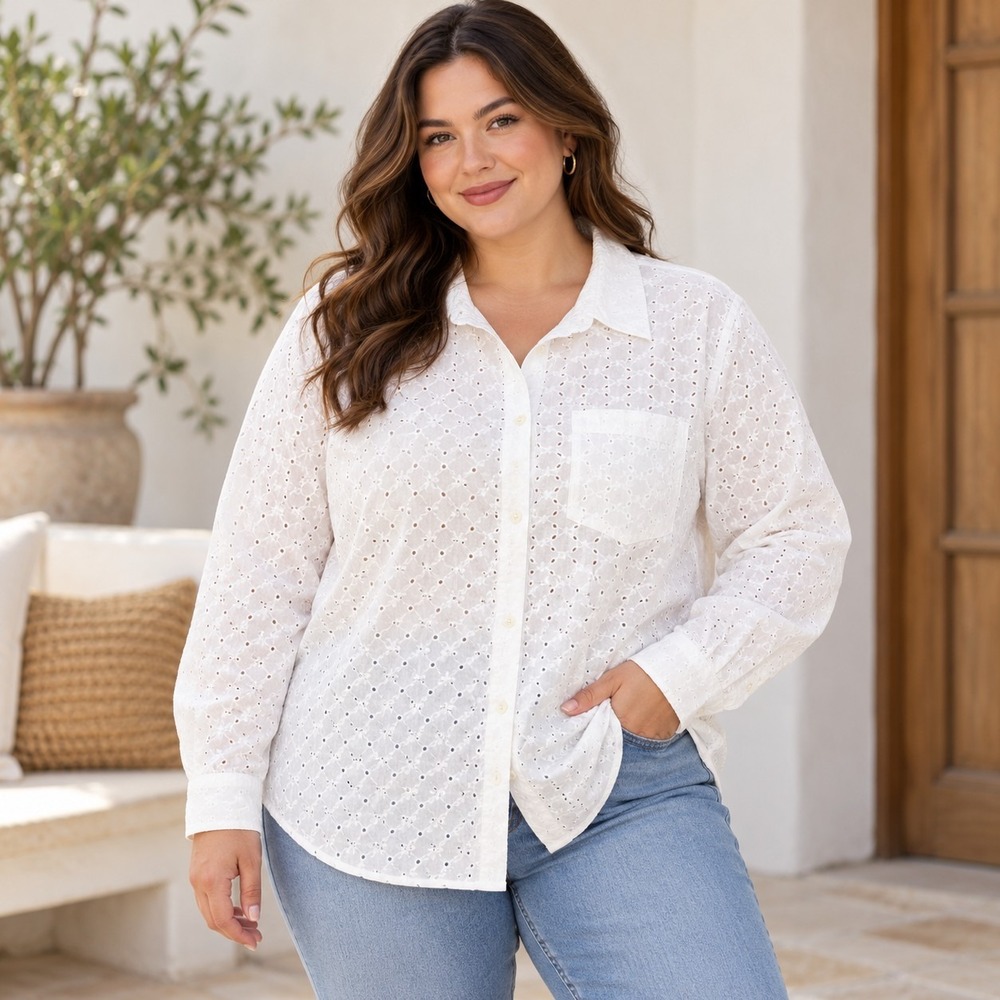 GAP White Eyelet Easy Boyfriend Shirt Women's XL Coquette Coastal Clean Girl